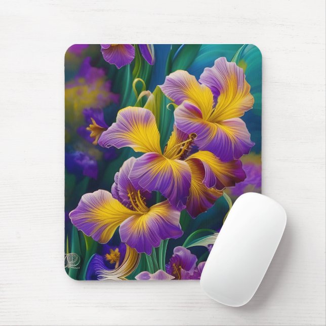 Mousepad Iris Folhas plorais roxas e azuis-douradas (Com mouse)