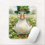 Mousepad Irish Goose in Shamrock Field<br><div class="desc">A goose stands charmingly amidst a field of clover,  wearing a vibrant green hat adorned with shamrocks. Its round glasses add a whimsical touch</div>