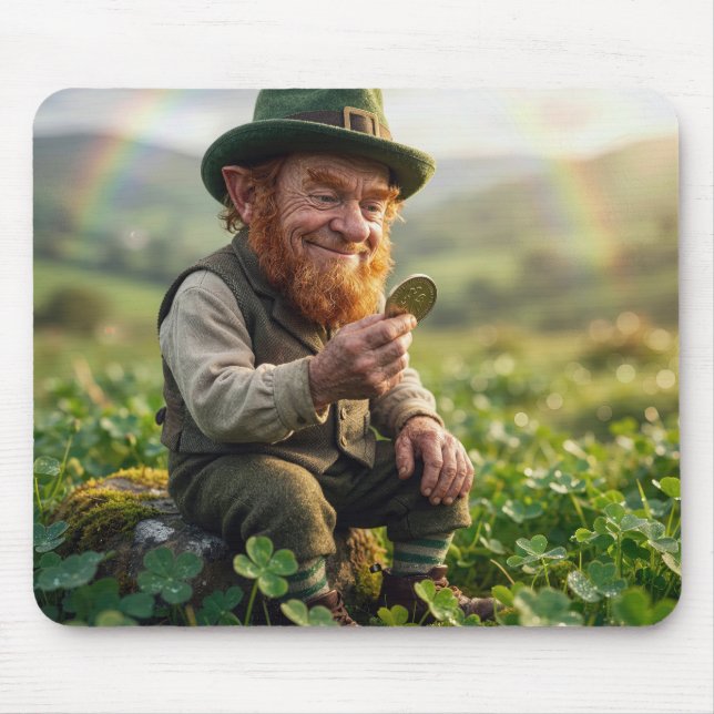 Mousepad Irish Leprechaun Admiring a Gold Coin (Frente)