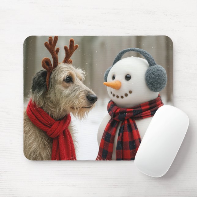 Mousepad Irish Wolfhound with a Cute Snowman (Com mouse)
