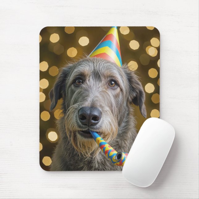 Mousepad Irlandês Wolfhound de aniversário com chapéu de fe (Com mouse)