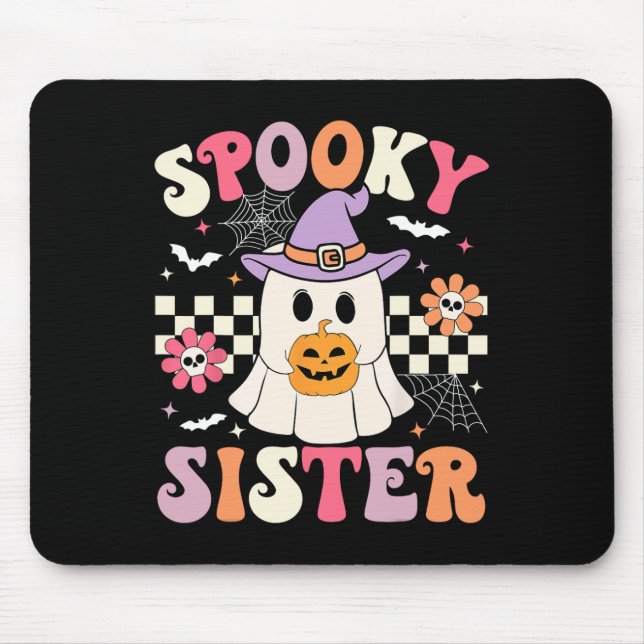 Mousepad Irmã Groovy Spooky Retro Ghost Segurando Pumpkin H (Frente)