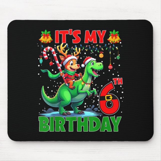 Mousepad It’s My 6th Birthday Xmas Reindeer Riding Dinosaur (Frente)
