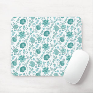 Mousepad Jacobean Floral Pattern Teals on White