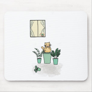 Mousepad Janela Café Gato Plantas Planilhas Verde