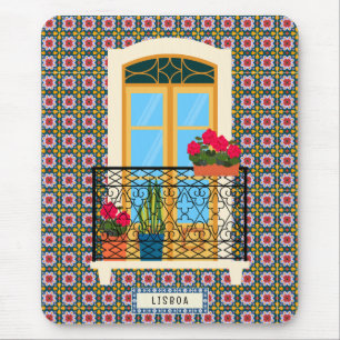 Mousepad Janela da casa de Lisboa com plantas e azulejos