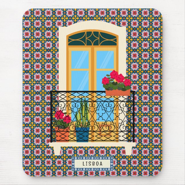 Mousepad Janela da casa de Lisboa com plantas e azulejos (Frente)