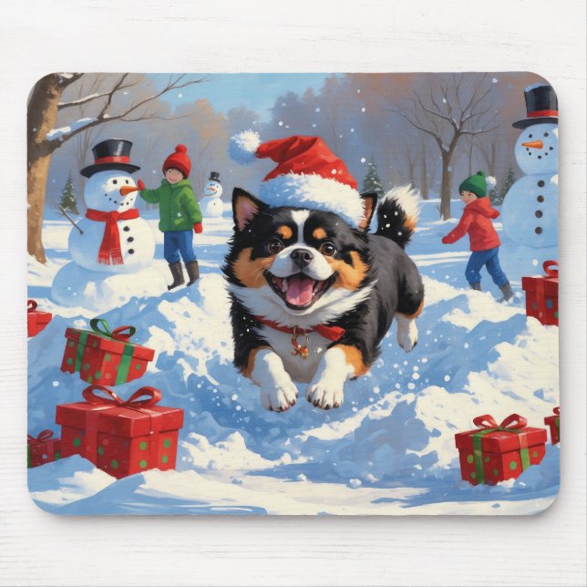 Mousepad Japanese Chin Correndo na Neve com Chapéu de Natal (Frente)