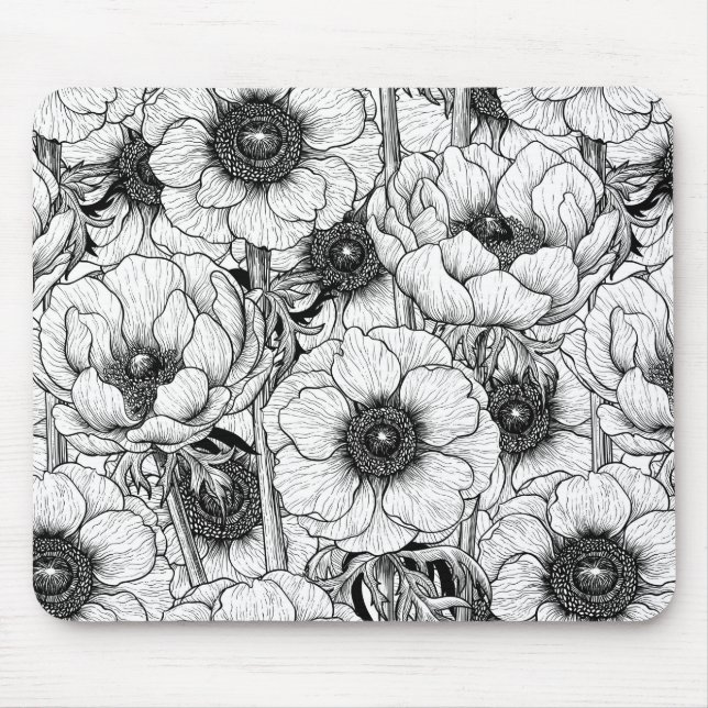 Mousepad Jardim anêmono em preto e branco (Frente)