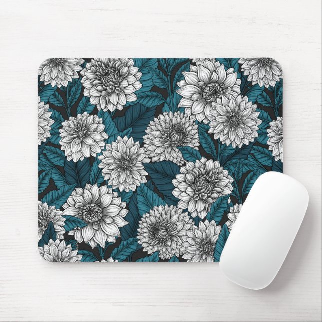 Mousepad Jardim branco Dahlia/ folhas azuis (Com mouse)