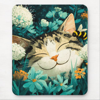 Mousepad Jardim de Flores de Gato Adormecido com Aquarela A