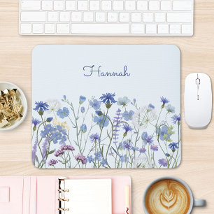 Mousepad Jardim de Flores Silvestres Aquarela Azul Monogram