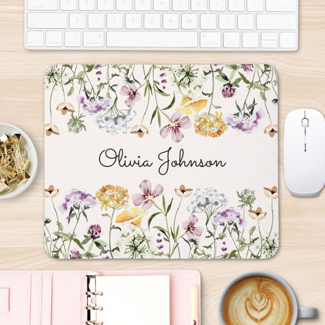 Mousepad Jardim de Flores Silvestres com Nome Personalizado (In situ office desk)