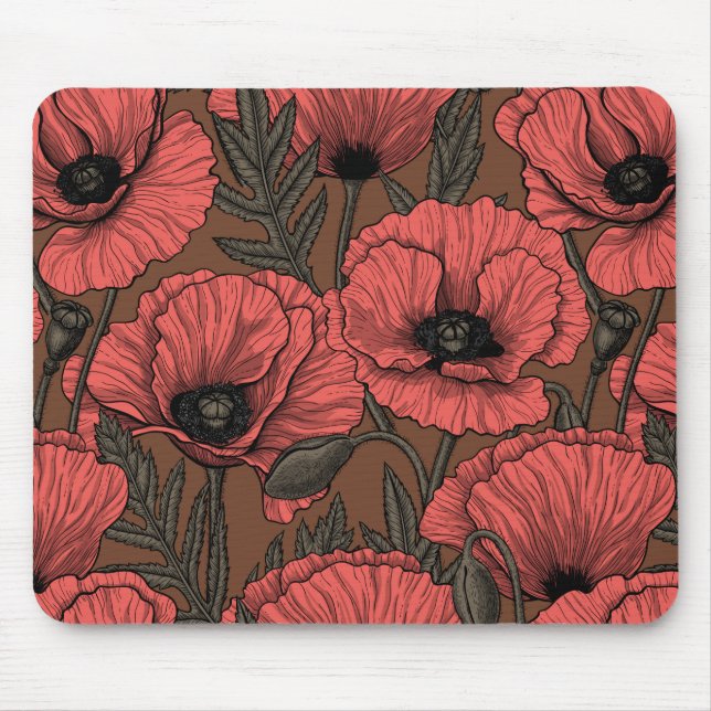 Mousepad Jardim de papoila em coral e castanho (Frente)