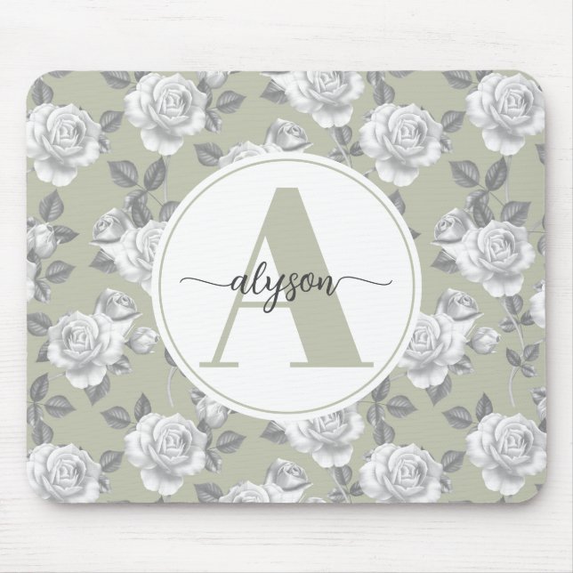 Mousepad Jardim de Rosa Elegante no Monograma Verde de Sage (Frente)