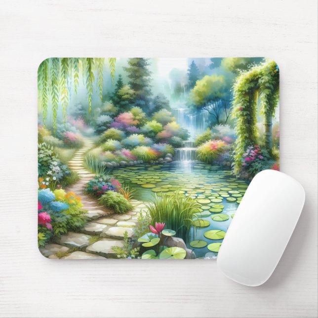 Mousepad Jardim Encantado da Cachoeira com Lago de Lírios (Com mouse)