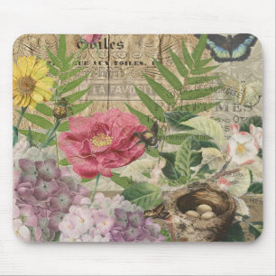 Mousepad Jardim Floral Ninho de Pássaro Arte Flor Borboleta