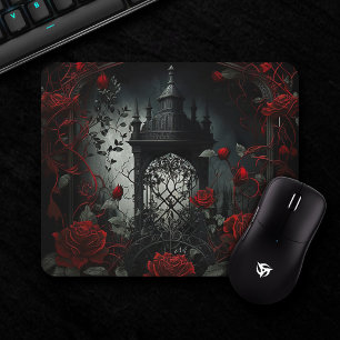 Mousepad Jardim Rosa do Cemitério Gótico com Vermelho e Pre