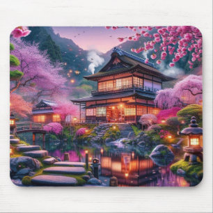 Mousepad Jardim Serene Japonês na Pintura de Crepúsculo