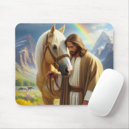 Mousepad Jesus com cavalo Palomino em paisagem cênica 