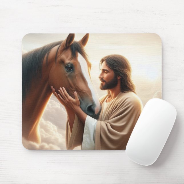 Mousepad Jesus fortalecendo um cavalo no céu (Com mouse)