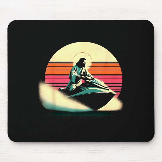 Mousepad Jesus pilotando jet ski - engraçado jato religioso (Frente)