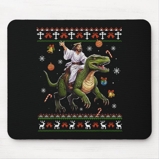 Mousepad Jesus Riding Dinosaur Funny Meme Ugly Christmas Sw (Frente)