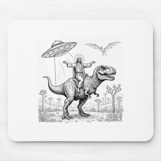 Mousepad Jesus Riding Dinosaur T-rex Ufo Hunting Alien Sci- (Frente)