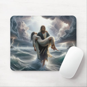 Mousepad Jesus salvando uma jovem mulher em uma tempestade