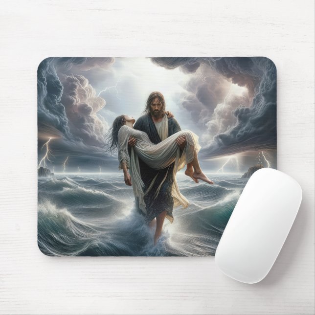 Mousepad Jesus salvando uma jovem mulher em uma tempestade (Com mouse)