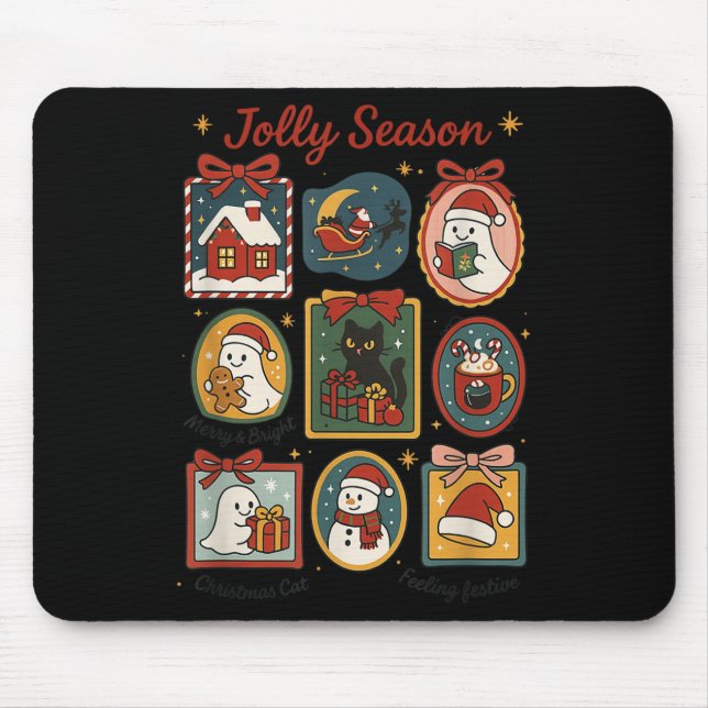 Mousepad Jolly Season Ghost Cat Santa Christmas Frame Merry (Frente)