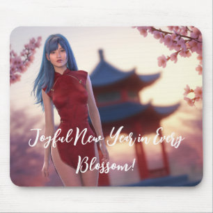 Mousepad Jovem Cheongsam Bela Posicionando para Ano Novo Ch