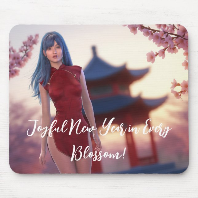 Mousepad Jovem Cheongsam Bela Posicionando para Ano Novo Ch (Frente)