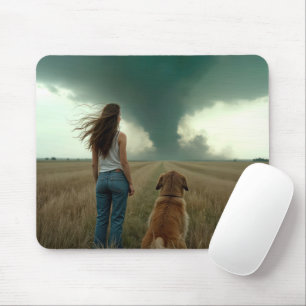 Mousepad Jovem Mulher e Cachorro Assistindo um Tornado