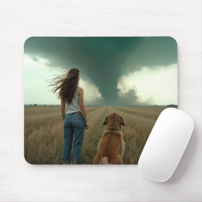 Mousepad Jovem Mulher e Cachorro Assistindo um Tornado (Com mouse)