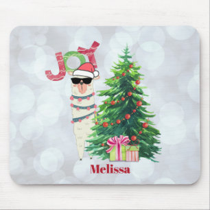 Mousepad Joy Typografia Natal Llama atrás de uma árvore