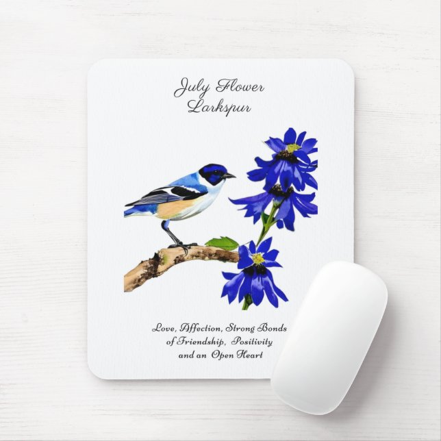 Mousepad Julho, Mês do Nascimento, Flor Bluebird e Larkspur (Com mouse)