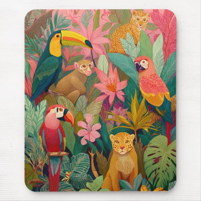 Mousepad Jungle Mouse Pad–Leopard, Parrot, Toucan & Monkey (Frente)