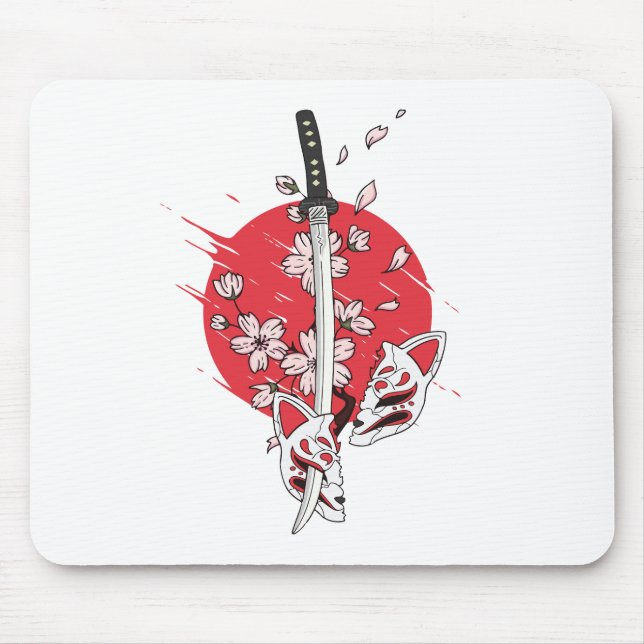 Mousepad Katana cherry blossom fox mask (Frente)