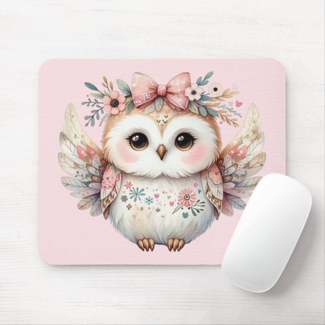 Mousepad Kawaii Boho Owl Ilustração Rosa (Com mouse)