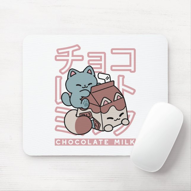 Mousepad Kawaii Cat with Chocolate Milk – Japanese Pop Art  (Com mouse)