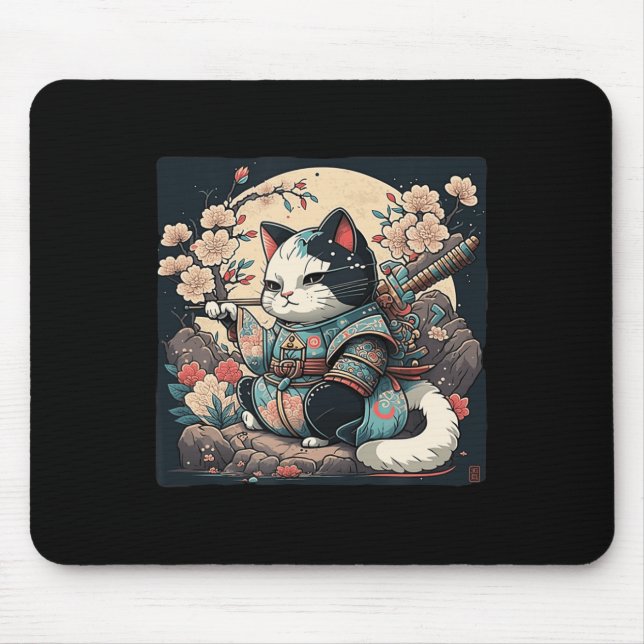 Mousepad Kawaii Estilo Japonês Samurai Cat Kitten Anime (Frente)