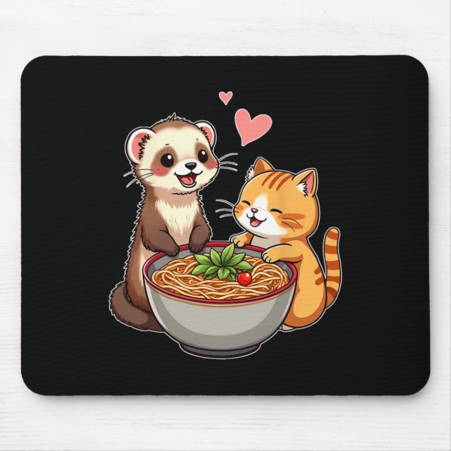 Mousepad Kawaii Ferret E Cat Comendo Ramen Cujo Japonês A (Frente)