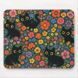Mousepad Kawaii Garden Art – Cute Black Cat Floral Pattern