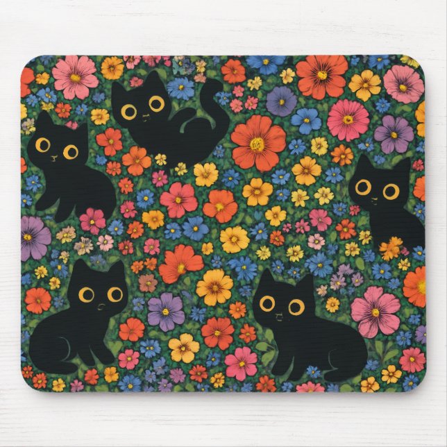 Mousepad Kawaii Garden Art – Cute Black Cat Floral Pattern (Frente)