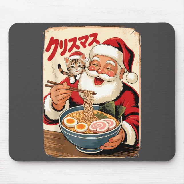 Mousepad Kawaii Papai Noel Comendo Macarrão Ramen Natal Jap (Frente)