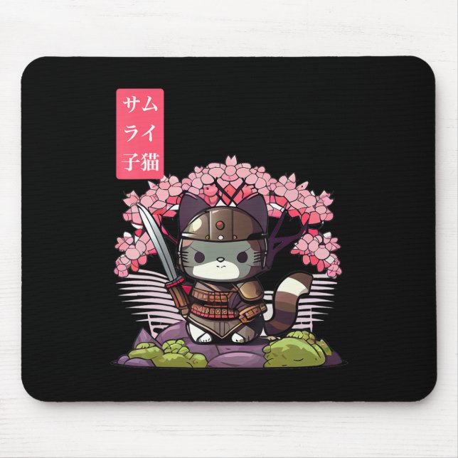 Mousepad Kawaii Samurai Kitten com Cherry Blossom Japonês (Frente)