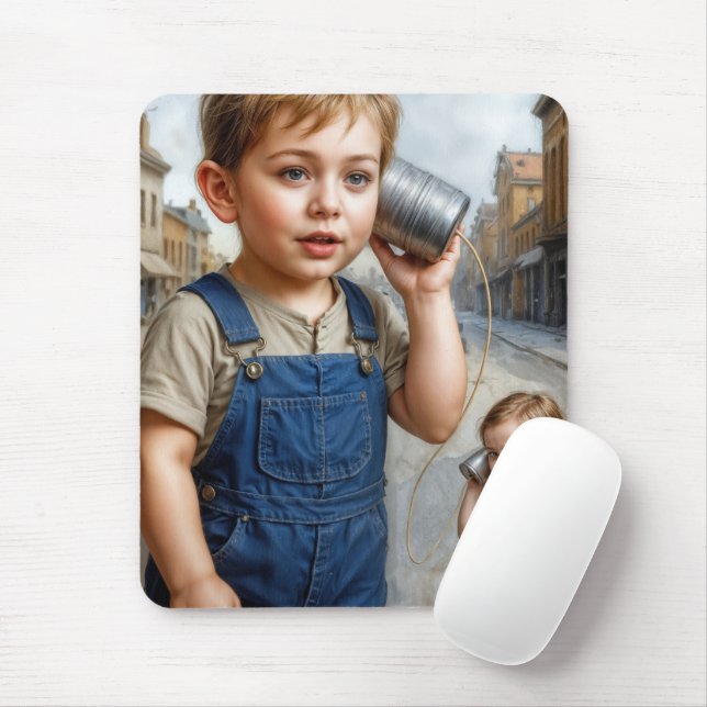 Mousepad Kids Playing With Retro Tin Can Telephone (Com mouse)
