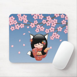 Mousepad Kitsune Kokeshi Doll - Rapariga Negra Fox Geisha