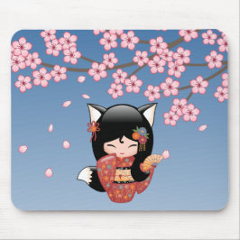 Mousepad Kitsune Kokeshi Doll - Rapariga Negra Fox Geisha